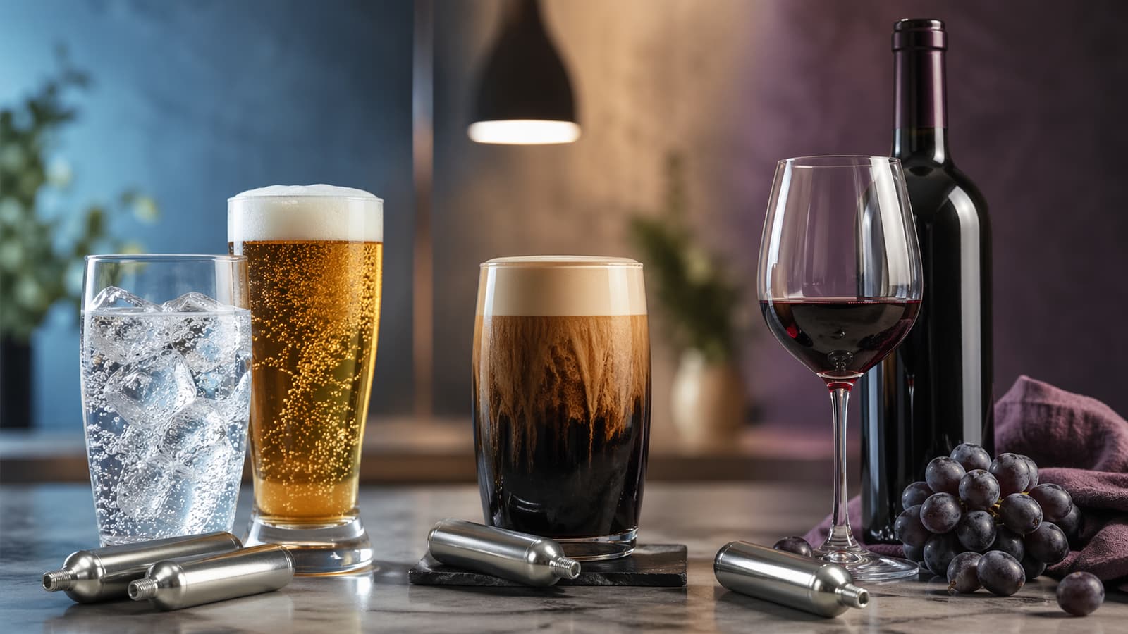 Sparkling water, beer, nitro cold brew, and wine on a bar — all poured with RedRock gas cartridges
